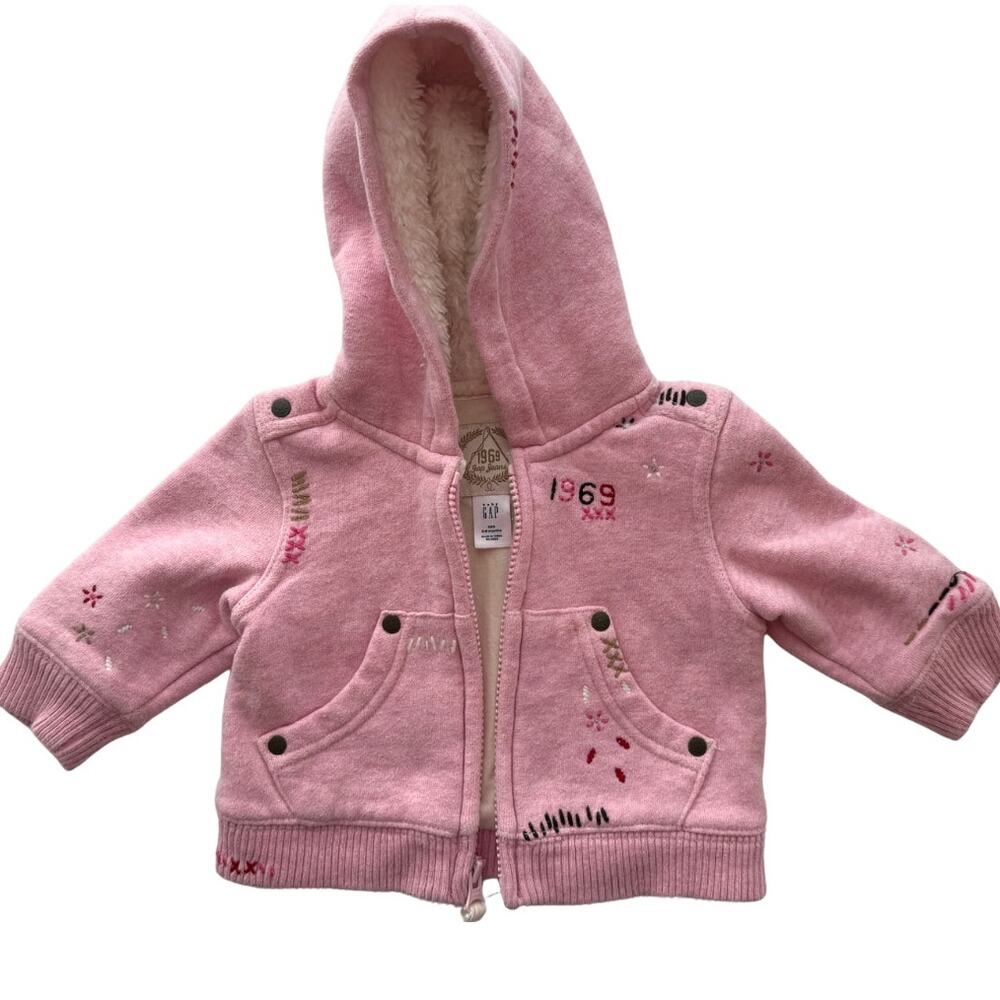 Pink Embroidered Sherpa Hood Zip Hoodie Baby Gap 1969 3-6 Months XXS